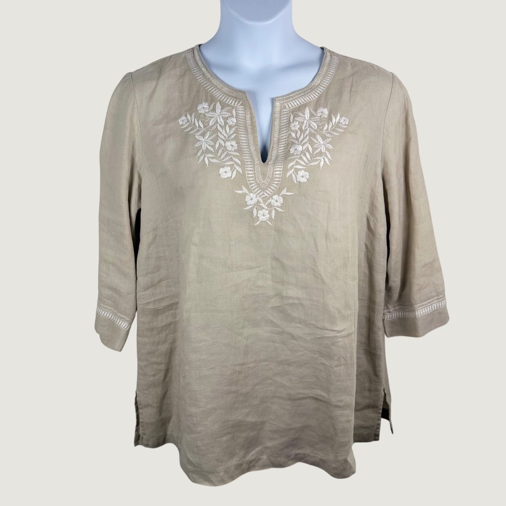 Ellen Tracy XL Beige 100% Linen Embroidered V-Neck Tunic Top Summer Resortwear